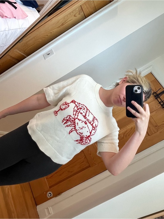 Abercrombie & Fitch Sweaters - Abercrombie & Fitch Cream Short-Sleeve Knit Top with Red Crab Graphic/Decal